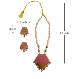 Handmade Fine Jewelry <b>Set</b> Luxury Assamese Gamusa Pink Muga Silk Necklace with <b>Crystal</b> Beads and Earrings for Weddings - Product Image 2