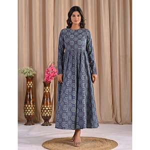 Vestido Anarkali de Seda Azul con Estampado a Mano para Niñas, Último Diseño Étnico Indio, Estilo Sexy para Uso Diario, Dibujado a Mano - Product Image 3