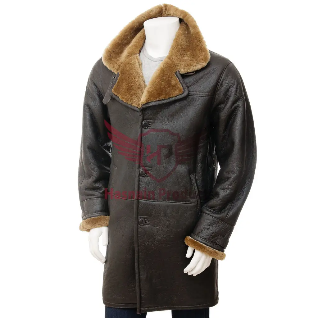 Casaco de inverno superior de pele de carneiro marrom Shearling: jaqueta elegante de comprimento maior com lapela larga entalhada, fivela