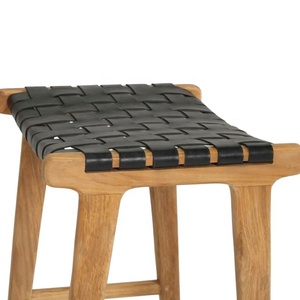 Minimalist Teak Wood Bar <b>Stool</b> With Black Leather Seat Outdoor <b>Garden</b> Furniture Scandinavian Design Durable Solid Wood - Product Image 5
