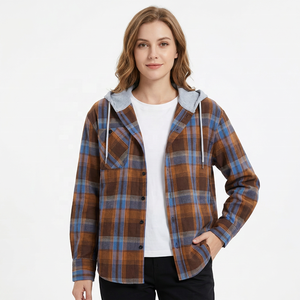 Chemise en flanelle à carreaux pour homme, à capuche, manches longues, boutonnée, coupe décontractée, pour le printemps, motif orange et bleu, tissu tricoté - Product Image 6