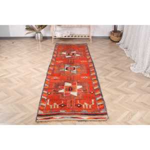 Vintage Turkish <b>Rug</b>, 2.8x10 ft <b>Runner</b> <b>Rug</b>, Orange Brown Check Wool <b>Rug</b> - Product Image 2