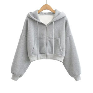 Ventes en gros de sweats à capuche courts pour femmes, streetwear respirant, fermeture éclair, sweats à capuche courts, bas flexible, épaules tombantes, manches longues, en molleton de coton - Product Image 5