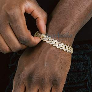 12mm 18k Gold Plated Hip Hop Style Round Diamond Prong <b>Bracelet</b> Fine Cuban Chain for Men Prong <b>Bracelet</b> - Product Image 2