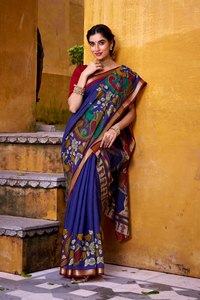 LANCEMENT DU NOUVEAU DESIGNER FESTIVE WEAR SAREE TISSU POLYESTER VISCOSE CHANDERI AVEC IMPRIMÉ KALAMKARI AVEC TRAVAIL DE TISSAGE ZARI - Product Image 3
