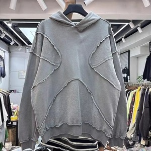 Sweat-shirt à capuche gris surdimensionné, design patchwork, unisexe, en coton molletonné, streetwear, vêtements d'automne - Product Image 6