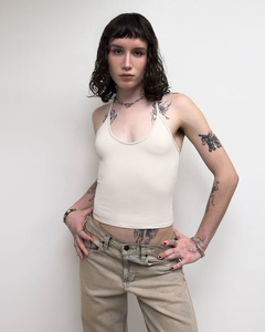 Collar de hilo fino azul bebé, Top sin espalda de manga corta, Top sin espalda de color sólido teñido con Top corto de color leche de frijol - Product Image 5