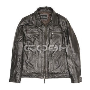 Fabricante de Chaquetas de Cuero Genuino Color Marrón Oscuro para Hombre, OEM ODM |   Chaqueta Bomber COSH para Motociclistas con Múltiples Bolsillos - Product Image 1