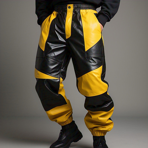 Noir jaune taille élastique pantalon en cuir hommes en plein air Style de rue en cuir PU pantalon pantalon hommes personnalisé en cuir panneau pantalon hommes - Product Image 1