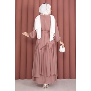 Vestido de Gasa de Lujo Vintage para Mujer con Detalle de Volantes Asimétricos, Color Rosa Polvo, Tallas XS-XXL, Estilo Imperio, Línea A, Vestido de Gala con Flores y Borlas - Product Image 5