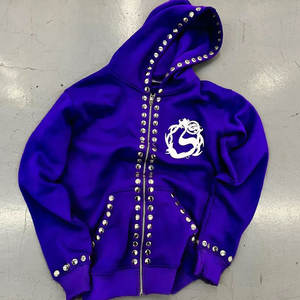 <b>Men's</b> Spandex/Polyester Distressed Embroidery Plus Rhinestone Zipper Hoodie 340 Grams Breathable Winter Pocket Streetwear - Product Image 2