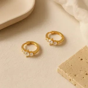 Tri <b>Diamond</b> Mini Huggie Hoop <b>Earrings</b> in 14k Gold with Zircon <b>and</b> <b>Pearl</b> - Product Image 4