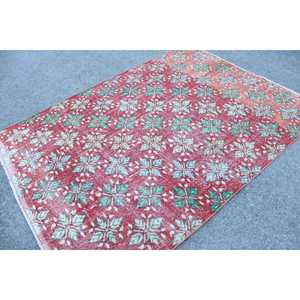 Alfombra turca grande de 5.4x7.6 pies, alfombra de lana roja y verde con motivos vintage de plantas y árboles - Product Image 2