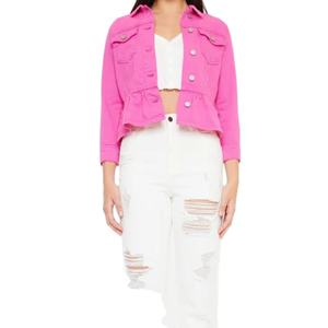 Veste en jean sergé rose personnalisée pour femme, collection hiver 2026 – Fabricant de vestes en jean classiques à manches longues de couleur rose - Product Image 2