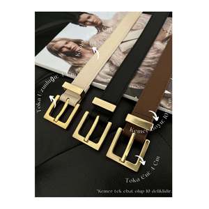 Ceinture pour femme à boucle carrée 3 pièces, ceinture pour pantalon, ceinture pour veste, ceinture pour robe - Noir & Tan & Beige - Or - Product Image 1