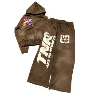 Ensemble de survêtements décontractés imprimés en éponge française délavés à l'acide de haute qualité Pantalon de survêtement à capuche avec logo personnalisé Nouveau style pour vêtements de sport de gymnastique - Product Image 1