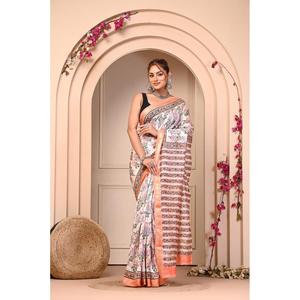 Sari de Seda Maheshwari a Bajo Precio con Estampado a Bloque Hecho a Mano y Borde Zari, Traje Étnico Indio para Bodas con Georgette, Tela de Red y Modal - Product Image 1