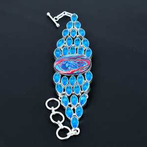 Pulsera de Calsilica Arcoíris Natural con Topacio Azul, Piedra de Nacimiento de Diciembre, Hecha a Mano, Pulsera de Plata de Ley 925 para Ella - Product Image 5