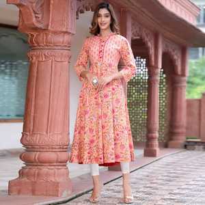 Ensemble Anarkali Kurta pour femmes en coton rose à imprimé floral, 48 pouces - Product Image 5