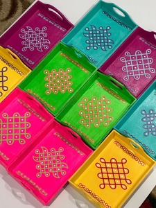 Plateau décoratif en bois Mini Kolam assorti pour décoration indienne mariage pendaison de crémaillère Diwali Festival cadeaux de retour Rangoli Muggu Tray - Product Image 4