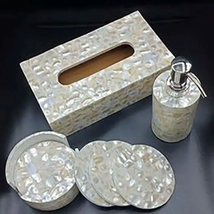 Classy Latest Design Mother Of Pearl Bathroom Accessories Set And Organizer Hand Soap Dispenser Tissue Paper Holder