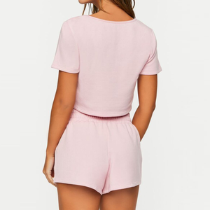 Marque adulte taille nouveau populaire plaine Shorts manches t-shirts 100% coton col rond ample haut court femmes Jogging T-Shirts filles - Product Image 2