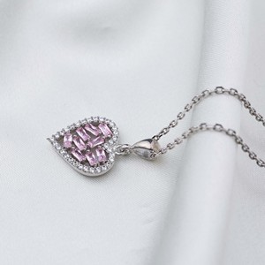 <b>Pink</b> Zircon Baguette Heart Design Turkish Wholesale Handmade Wholesale Rhodium 925 Sterling Silver Jewelry - Product Image 3