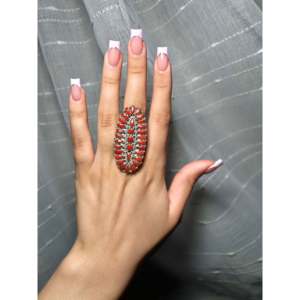 Navajo Fashionable Statement <b>Ring</b> Red Coral & Sterling Silver with Gold Plating 18K Inlay <b>Adjustable</b> for Gift - Product Image 5