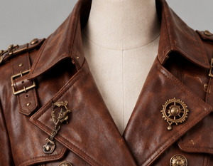 Women Leather Trench Coat With <b>Vintage</b> Belt And <b>Button</b> Design - Product Image 2