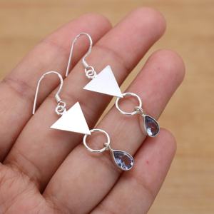 Blue Iolite Quartz 925 Sterling Silver Designer Hook Earrings Handmade Gemstone Jewelry Women Gift - Product Image 3