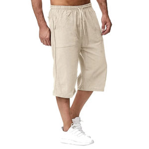 Summer <b>Men's</b> Casual Solid Quick Dry Canvas <b>Shorts</b> Cotton Blended <b>Long</b> Elastic Waist Loose Pocket Drawstring Daily Street - Product Image 1