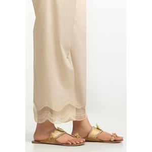 Pantalon beige brodé pour femme, taille haute, avec dentelle, taille élastique ajustable, respirant, motif formel coloré - Product Image 1