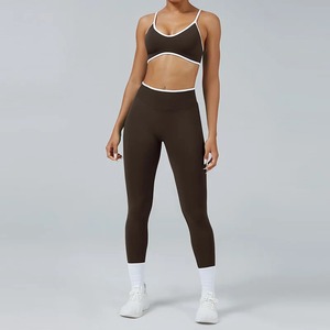 Ensemble short 2 pièces Gym Fitness costume S femmes vêtements d'entraînement taille haute Shorts bretelles croisées soutien-gorge de sport survêtement de course - Product Image 2