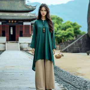 Robe longue en lin et coton personnalisée à manches bouffantes style de soirée d'été pour femmes par les fabricants de vêtements - Product Image 4