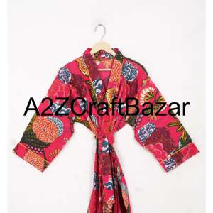 Wholesale Premium Quality 100% Cotton Indian Luxury Kimono <b>Robe</b> Floral Print Belt Closure Full Length Breathable Soft for <b>Womens</b> - Product Image 3