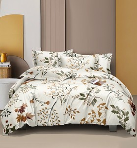 Super Soft Modern Luxury Floral Queen Size Bedding Set 400TC Organic 4-Piece Washed Cotton Polyester <b>Flat</b> Sheet Pillowcases - Product Image 1