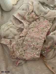 Sari indien fantaisie pour les fêtes, en georgette, avec des motifs Butta et des bordures en dentelle brodée multicolores, avec des volants et un travail de miroir original - Product Image 5