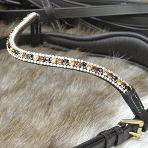 Bande de sourcil de bride en cuir anglais noir de haute qualité pour cheval sur mesure avec cristaux multicolores à 3 rangées, bande de sourcil de luxe bling - Product Image 2