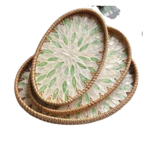 Ensemble de 3 plateaux ovales en rotin naturel avec incrustation de nacre, plateaux de service pour la nourriture et plateaux de rangement décoratifs - Product Image 5