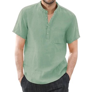 Camiseta informal de manga corta para hombre al mejor precio, camisa transpirable acogedora de verano de Color sólido de lino y algodón 100%, disponible en talla de EE. UU. - Product Image 1