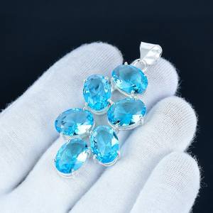 Elegante hecho a mano para mujer plata esterlina chapado en oro estilo bohemio para Topacio Azul colgante pera corte bisel ajuste encanto - Product Image 3