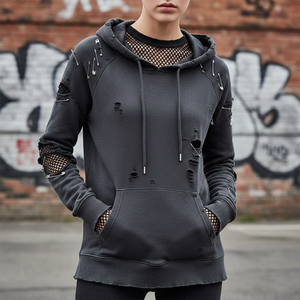 Sudadera con Capucha Personalizable para Mujer, Color Gris Carbón Desgastado, Adornos de Imperdible en la Parte Delantera, Transpirable, Ecológica, con Dobladillo sin Rematar - Product Image 1