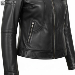 Chaqueta de cuero de vaca con cremallera Oxblood para mujer, diseño de logotipo personalizado, soporte de tela tejida de talla grande de alta calidad, venta al por mayor de invierno - Product Image 6