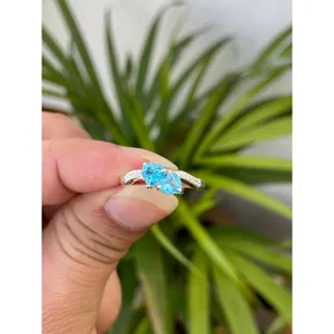 Anillo de Topacio Azul Suizo Natural con Corte Corazón, Plata de Ley 925, Joyería de Piedras Preciosas Hecha a Mano, Proveedor Mayorista - Product Image 1