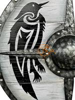 Bouclier Viking avec motif Hugin Munin, finition nickel noir poli, bleu antique et blanc, aspect vieilli, en métal, pour la maison