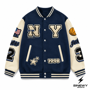 SINEWY SPORTS <b>Men's</b> Navy Blue Varsity <b>Jacket</b> Embroidered NY Letter Patch Design Preppy Style <b>Baseball</b> <b>Jacket</b> Autumn Wear - Product Image 2