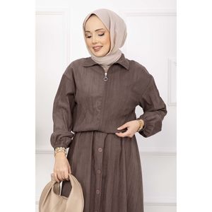 Casual Coffee Bomber Jacket & Button-Down <b>Skirt</b> Set XS Size Winter Two-Piece Shorts Set - Product Image 2