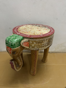 Handcrafted Rajasthani Hand-Painted Wooden Elephant Shape Coffee Table Side Table With Embose Work Decor Nightstand Bedside - Product Image 5