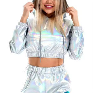 Womens Custom Metallic <b>Reflective</b> Cropped Hoodie Shiny Fabric Fashion Streetwear <b>Top</b> Professional Clothing Suppliers OEM ODM - Product Image 4