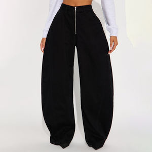 Pantalones Anchos Negros de Cintura Alta con Cremallera para Mujer, Estilo Moderno, Ropa Deportiva, Servicio OEM, Proveedor Pakistaní - Product Image 1
